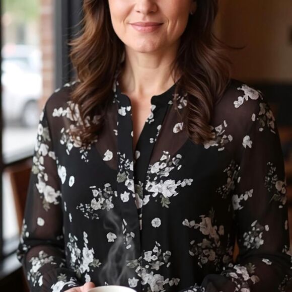 Vince Sheer Silk Black and White Floral Blouse - Picture 2 of 7